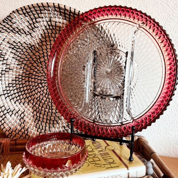 Indiana Glass Dining Vintage Diamond Point Clear And Ruby Indiana